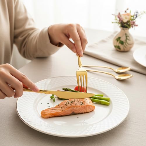 Image of 30 Pcs Gold Cutlery Set for Dining Table the Perfect Lightweight Silim Handle Tableware Including Dinner Spoon, Dinner Fork, Dinner Knife, Dessert Spoon & Dessert Fork