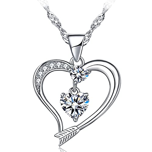 Emma Manor EM Heart Pendant Necklace 14k Wite Gold Plated Cubic Zirconia Forever Love Heart Jewelry Gift for Women Girl (White Gold-Love Arrow)