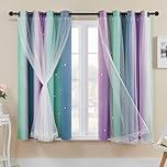 XiDi Blackout Curtains with Net 54 Drop Hollow Out Star Pattern Mix White Voile Sheer Short Eyelet Curtains for Kids Preteen Bedroom 52 Inch Wide Purple Green Grey,2 Panels