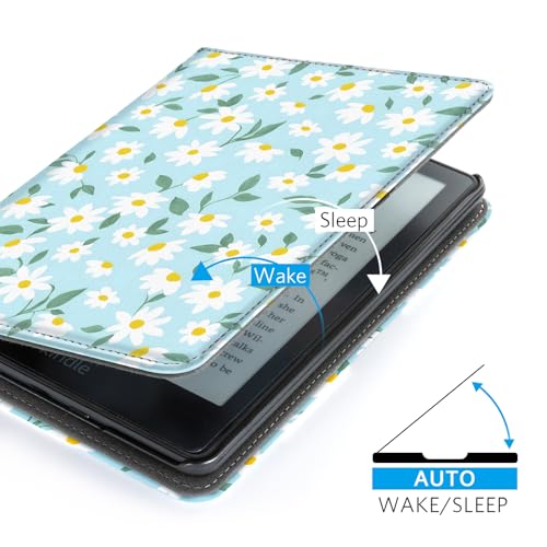 Image of CoBak Case for 6 inch E-Reader - PU Leather Smart Cover with Auto Sleep /Wake & Hand Strap, not Compatible with Kobo Clara,Blue Daisy