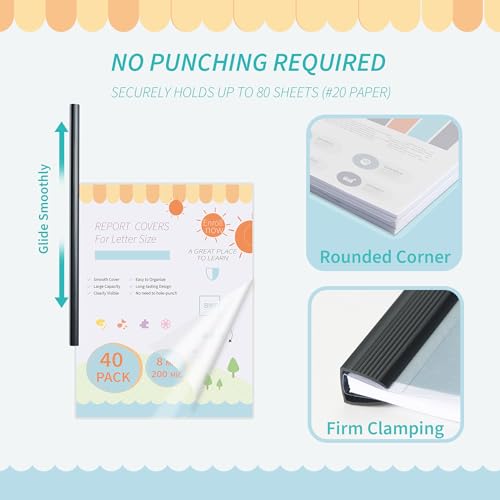 Image of Heavyduty Clear Report Covers with Sliding Bars, 70 Sheet Capacity, 40 Pack | Clear Report Covers for A4 and Letter Size, 9 mm Bars, 8 Mil Thick, Black, for Resumes, Presentations, School and Business
