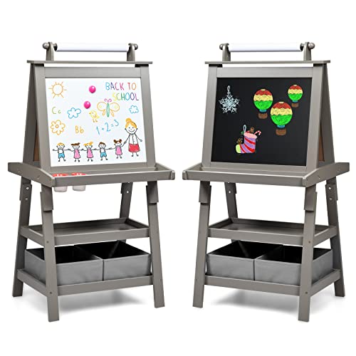 Image of GLACER All-in-One Double Sided Painting Easel for Kids with 2 Storage Bins, Paper Roll, Magnetic Whiteboard & Chalkboard, Gift for Boys & Girls (Grey)