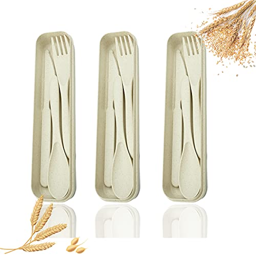 JASHII Portable Travel Utensil Set with Case, 3 Sets Wheat Straw Reusable Spoon Knife Fork Tableware for Travel, Picnic, Camping and Daily Use - Beige