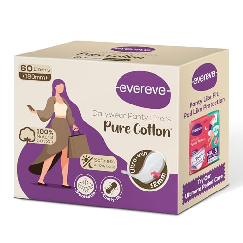 Evereve Pure Cotton Panty Liners for Women, 180mm, Pack of 60, Ultra-Soft, Breathable & Rash-Free, Ideal for Daily Discharge, Spotting & Everyday Freshness, All Day Comfort for Non-Period Days