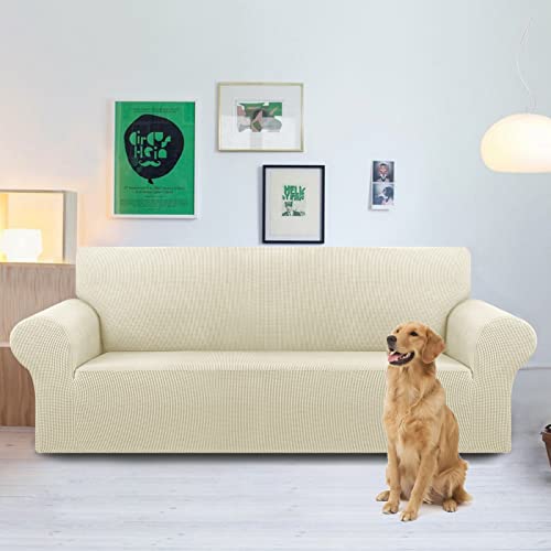 KEKUOU Stretch Oversized Sofa Slipcover 1 Piece Couch Sofa Cover (94"-110") Furniture Protector 4 Seater Sofa with Elastic Bottom for Kids,Pet.Jacquard Checked Pattern Fabric(X Large,Beige)