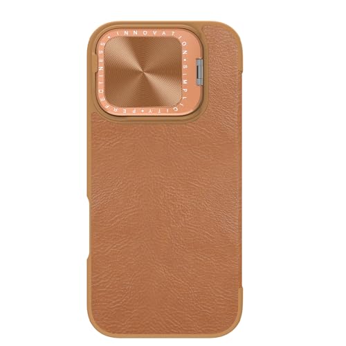 Image of Nillkin Case for Apple iPhone 16 Pro (6.3″ Inch) Qin Prop Leather Lens Protect + Stand Flip Folio + Card Slot 360 Protect Brown Color