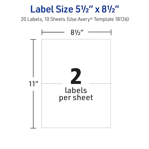 Image of Avery Half-Sheet Printable Shipping Labels, 5.5 inch x 8.5 inch Customizable Stickers, White, 20 Blank Mailing Labels, Great for Mailing, Shipping, Organizing, and More (18126)