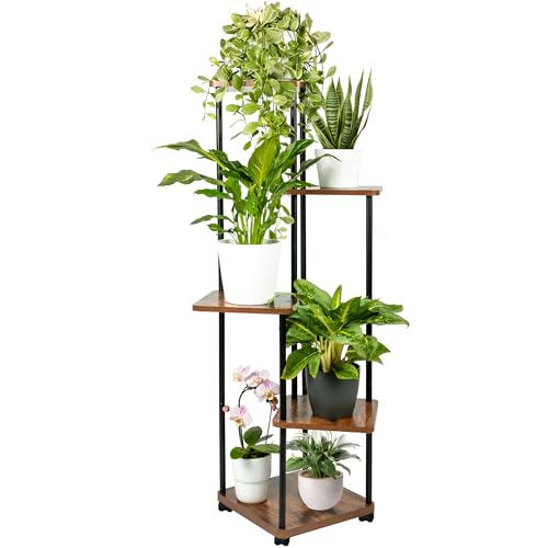 TTL HOME TOWER - Scaffale per piante con ruote, 5 ripiani, altezza 112 cm, per soggiorno, design in legno di quercia, metallo, colore nero, scala per fiori e piante