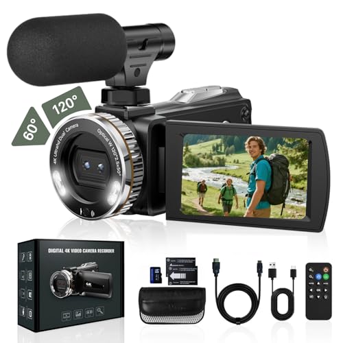 4K 60FPS Camcorder with HDMI, 48MP Vlogging Camera with Mic, 21X Dual Lens Zoom Video Recorder, Flip Screen YouTube Camera, 2 Batteries, 64GB Card, Ideal for Streaming & Content Creation