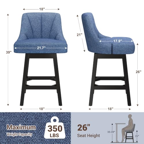 Image of YaFiti 26 inch Fabric Swivel Bar Stool 1 pcs with Back & Wood Leg, Navy Blue | Linen Fabric, Extra Upholstered Seat, Counter Stool, Square Solid Wood Legs, with Backrest & Footrest, for Kitchen Island Bar