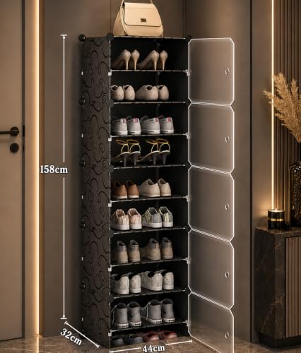 Image of AYSIS Premium Foldable Plastic Shoe Rack for Home, ๐ ๐๐จ๐จ๐ซ ๐๐ ๐๐ก๐๐ฅ๐ Shoe Cabinet, Dustproof & Waterproof Organizer, Portable Space Saving Storage for Entryway, Bedroom & Living Room, Black