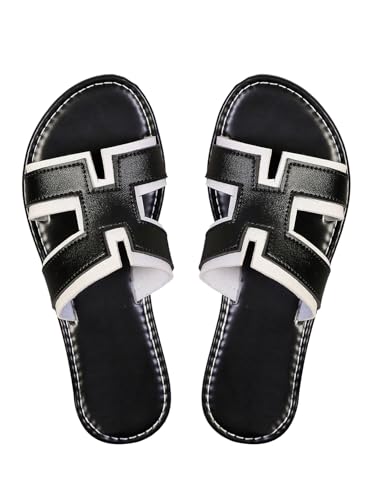 GORGLITTER Women's H Sandals Color Block Round Open Toe Dressy Flat Slides