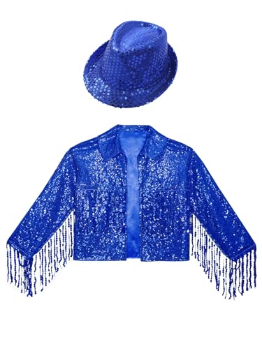 Kids Girls Latin Dance Blazer Outfits Long Sleeve Glitter Sparkle Sequins Tassle Cardigan Jacket with Hat3