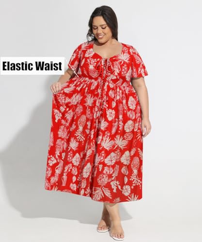 Image of CARCOS Plus Size Dresses for Curvy Women Tie Sweetheart Neck Summer Maxi Dress Short Sleeve Empire Waist Floral Boho Dress