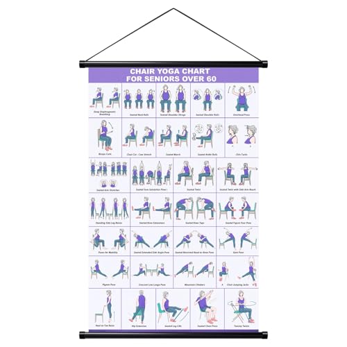 Chair Yoga Poster für Senioren & Anfänger – 31 sanfte Yogaübungen im Sitzen,Trainingsplan für Zuhause & Büro, Yoga Wandbild mit Hängestange, Stretching & Beweglichkeitstraining, Home Workout Geschenk