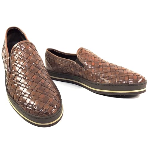 Baldinini Men's Woven Leather Slip-On Loafers, Brown, Comfort Platform Sole