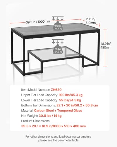 VEVOR Couchtisch Beistelltisch aus gehärtetem Glas mit Beleuchtung, rechteckiger Glastisch mit Zwei Ebenen & offenem Stauraum, Kaffeetisch aus Metall für Wohnzimmer Büro 100 x 51 x 48 cm Schwarz – Bild 4