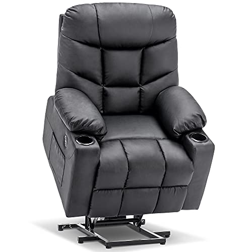 Mcombo Electric Power Lift Recliner Chair Sofa for Elderly, 3 Positions, 2 Side Pockets and Cup Holders, USB Ports, Faux Leather 7288 (Solid Black)