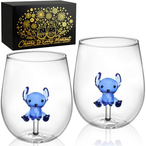 3D Blue Koala Puppy Stemless Wine Glasses Set of 2 Hand-Blown Drinking Glass 14oz, Unique Drinking Cups with Gift Box, Funny Wine Glass Mug for Women Men Girlfriend Boyfriend Lover Birthday Party