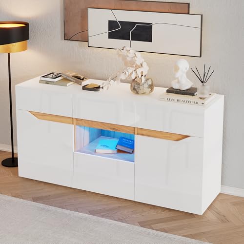 Aparador de salón, aparador con 4 cajones, armario con dos compartimentos, amplia cómoda sin mango, versátil, brillante, con iluminación LED, 140 x 40 x 70 cm, color blanco + madera