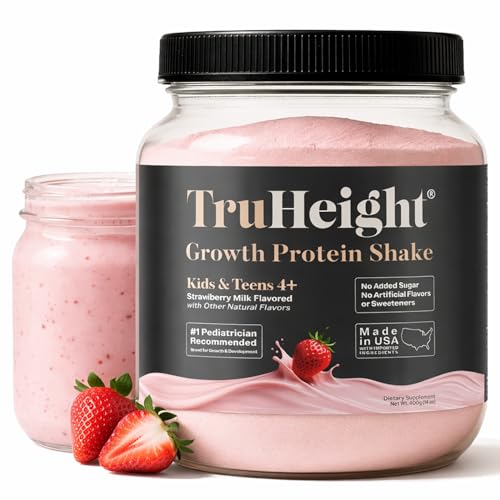 TruHeight Growth Protein Shake (Strawberry Milk Flavor, Whey) Growth & Development Protein Powder for Kids & Teens - Weight Gain Drinks - Endorsed by Pediatricians, Picky Eater Vitamin, Ages 4+