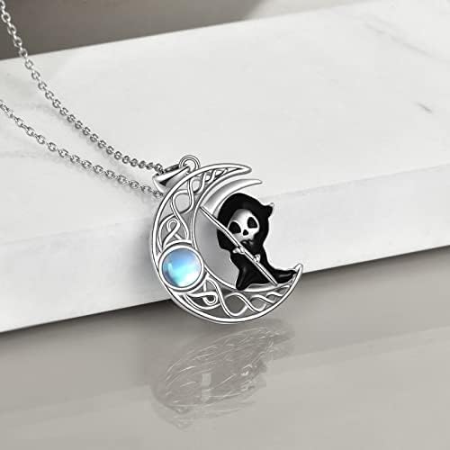 CRMAD Moonstone Skull Necklace Halloween Jewelry for Women Sterling Silver Grim Reaper Moon Wiccan Necklace