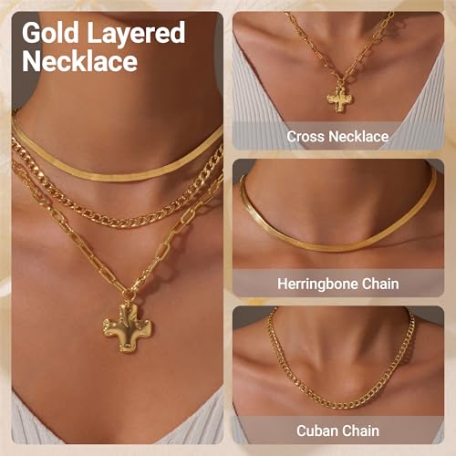 Chunky Cross Necklace for Women Trendy 14K Gold Silver Layered Hammered Cross Pendant Charm Necklace Stackable Paperclip Herringbone Snake Cuban Chain Choker Non Tarnish Gold Jewelry Gifts3