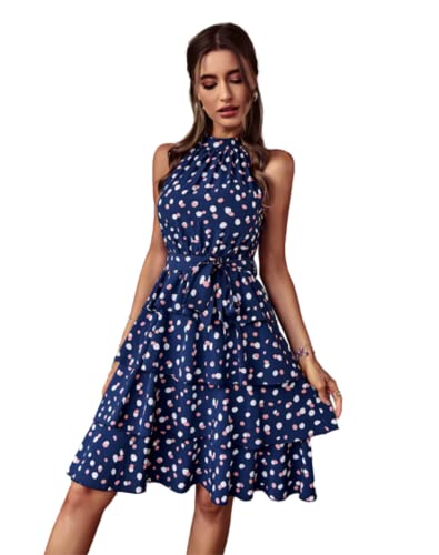 Oubaiyi Vestido de verano sin mangas con cuello halterneck vestido floral elegante vestido de playa con cinturón A,M Cover