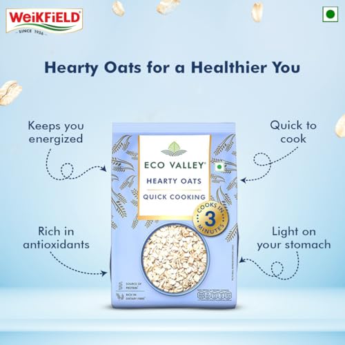 Image of Eco Valley Hearty Oats in Pouch 1 Kg| Rich in Protein and Fibre| Rolled Oats Natural Wholegrain| Nutritious Breakfast Cereals| 100% natural grain| Cooks in 3 Minutes|Quick Cooking Oats| No added Sugar