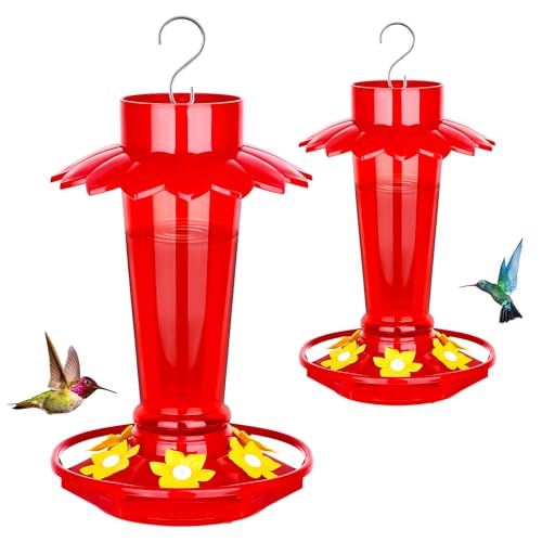 Fchstaer Plastic Hummingbird Feeders for Outdoors Hanging, 2 Pack 10 OZ Red Humming Bird Feeder with 6 Feeding Ports and Perch, Built-in Ant Moat, Gifts for Women Garden Decor