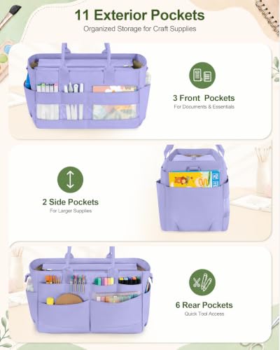 Image of Marscamd Craft Organizer Tote Bag, Art Supply Caddy, Purple | with 11 Exterior Pockets, Zip-Top Closure, Detachable Shoulder Strap, Large Capacity for Art, Crafts & Sewing