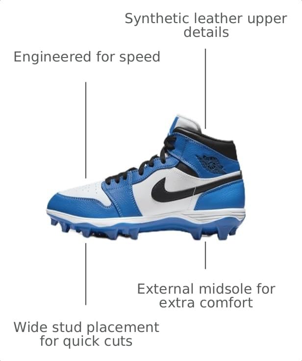Image of NIKE Jordan 1 Mid TD Men's Football Cleat (FJ6805-104, White /Royal /Black) Size 10.5