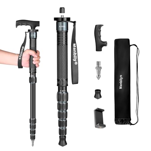 Manbily A-555L Einbeinstativ Kamera 168cm Wanderstöcke aus Aluminium Reise-Einbeinstativ Tragbar Kompakt Leicht mit Gehstockgriff, Tragetasche Belastbarkeit von 7KG für DSLR Kamera Videokamera (Grau)