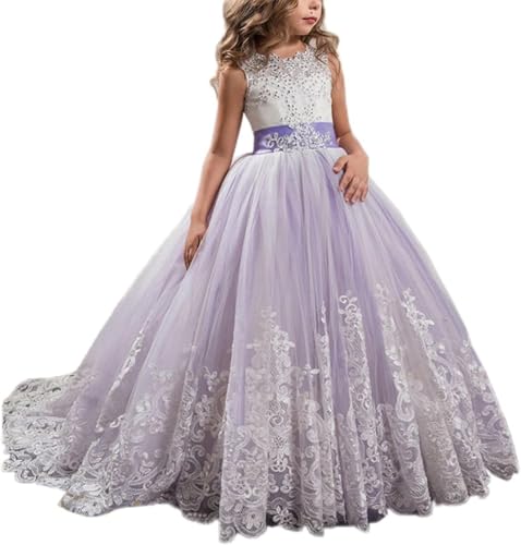 Princess Lilac Long Girls Pageant Dresses Kids Prom Puffy Tulle Ball Gown (Purple,160cm)