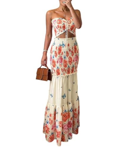 CHICME Floral Printed Prom Dress Tie Ruched Shirred Bandeau Party Dress Slim Fit Ruffle Hem Vacation Dresses Apricot-XL