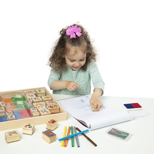 Image of Melissa & Doug Deluxe Wooden Stamp Set: Animals - 30 Stamps, 6 Markers, 2 Stamp Pads Kids Art Projects, Wooden Stamps with Washable Ink, for Kids Ages 4+