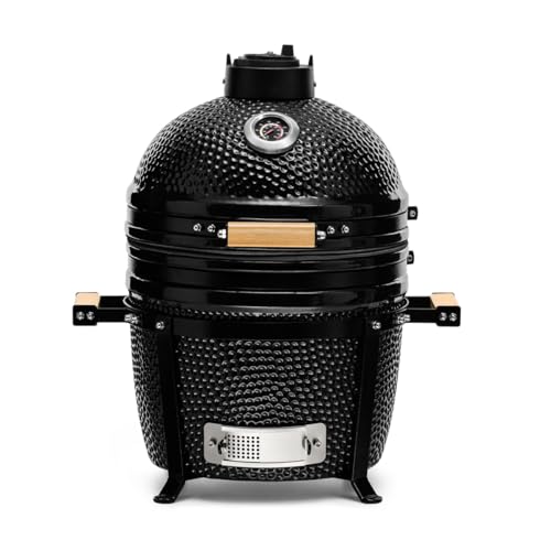 Kamado BONO BBQ Minimo - Keramikgrill Kamado mit 8 Extras - Ø 40cm BBQ Grill mit Zubehör - Schwarzes Smoker Grill, Balkongrill auch auf der Terrasse oder im Garten