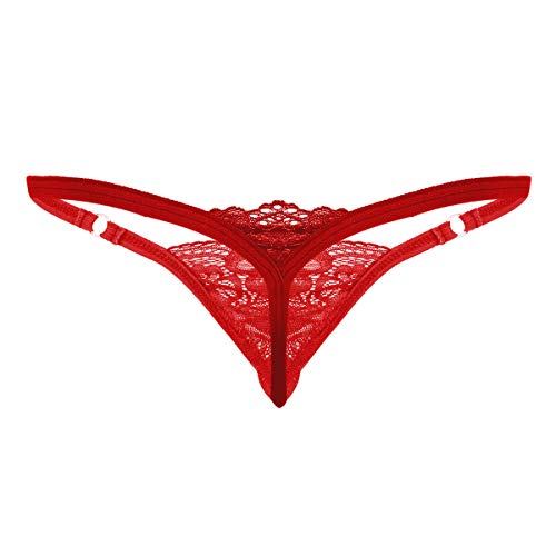 AGJGFM Mens Lace T-Back Briefs Bulge Pouch G-String Lingerie Bikini Underwear Thong Underpants Red2
