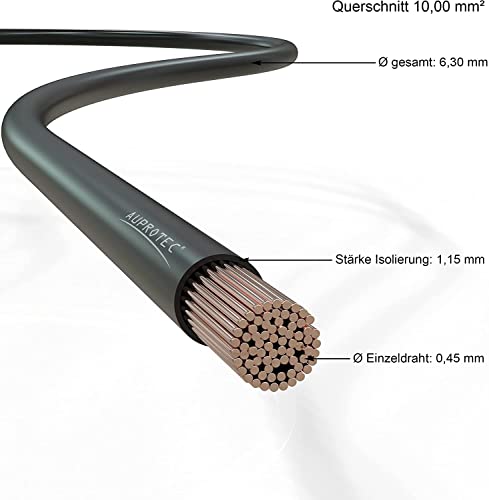 AUPROTEC 10m Fahrzeugleitung 10,0 mm² Fly Batteriekabel Stromkabel Massekabel, Farbe schwarz