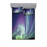 Ambesonne Aurora Borealis Fitted Sheet & Pillow Sham Set, Exquisite Atmosphere Solar Starry Sky Calming Night Image, Decorative Printed 3 Piece Bedding Decor Set, Queen, Blue Mint