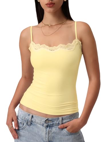 Starrylion Padded Lace Cami Top Double Lined Sexy Tank Top Spaghetti Strap Club Party Shirt Lemon Chiffon Small