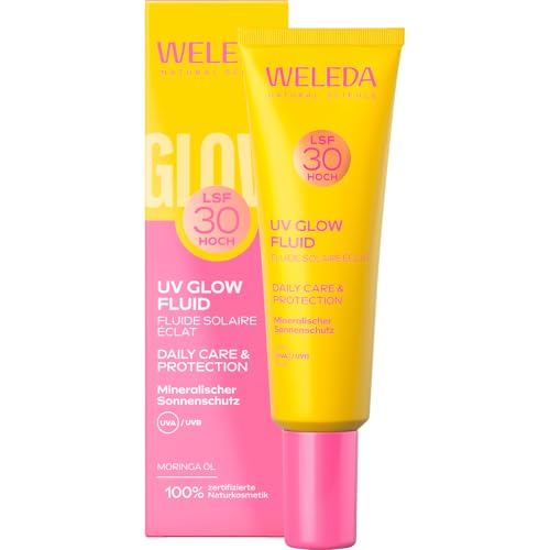 WELEDA Bio Glowy UV Fluid LSF 30 - Naturkosmetik Sonnenschutz Fluid mit Lichtschutzfaktor 30 & Moringaöl für Schutz vor UVA/UVB Strahlen - 24 Stunden Feuchtigkeit & natürlicher Glow (vegan 30ml)