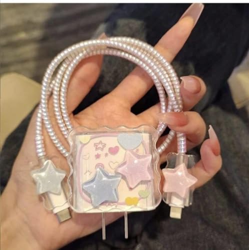 Image of Dezet for iPhone Charger 18-20W Cute Cartoon Charging Cable Protector Set for iPhone Fast Charging USB Cable with Protective Silicone Cover & Organizer Clip Stylish Design (STAR PINK 8TH STYL)