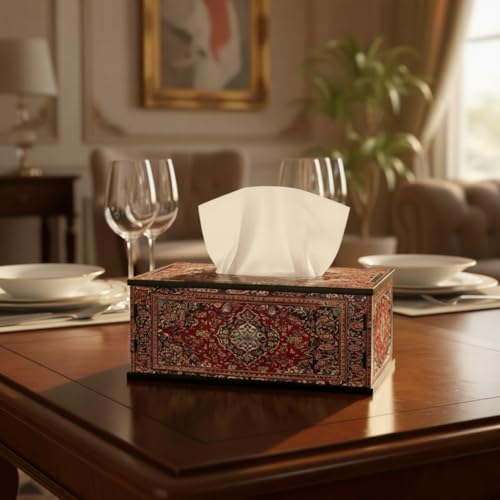 Image of Tissue Box Holder for Home Heritage Red Persian Carpet Printed Tissue Box Holder Decorative Wooden Tissue Box Cover for Table, Living Room & Office 6.5x5x3 Inch