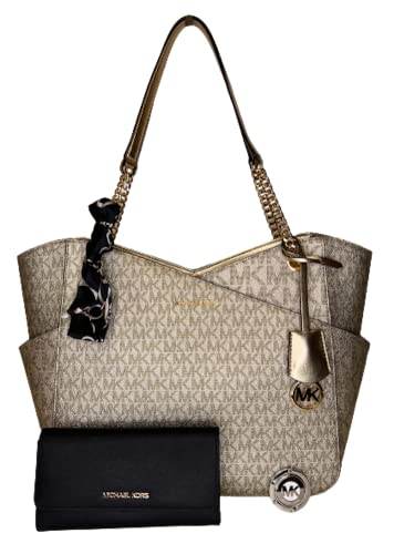 MICHAEL Michael Kors Jet Set Travel Large Chain Shoulder Tote bundled with Travel Trifold Wallet, Michael Kors Purse Hook, and Skinny Scarf (Signature MK Pale Gold/Black)