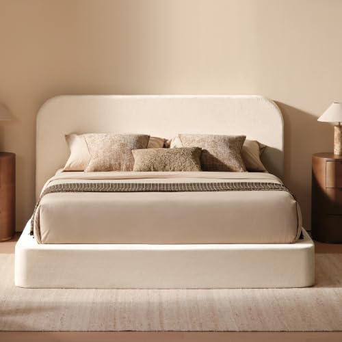 Image of RECCI Airframe Bread Queen Curved Cloud Platform Bed Frame | Fully Cushioned Foam Rectangular Panels and Soft Rounded Headboard, Easy to Assembly, Beige Chenille for Aesthetic Bedrooms