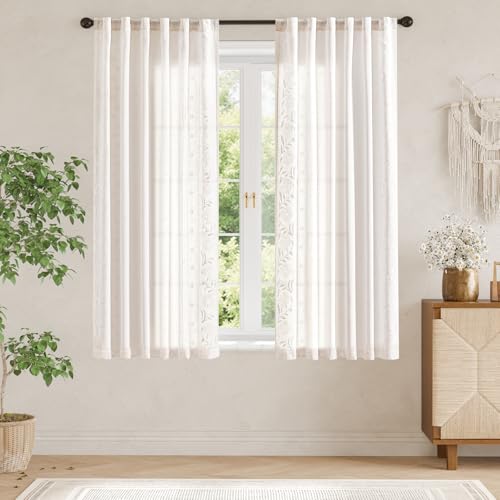 Image of jinchan White Floral Linen Curtains for Living Room 63 inch Back Tab 2 Panels