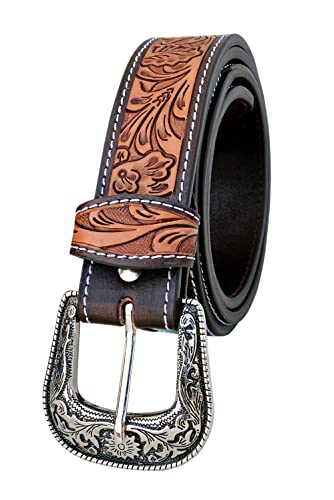 Western Genuine Leather Heavy Duty Beaded Tooled Belt For Men and Women 30AB0053