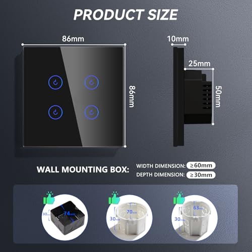 BSEED Smart Lichtschalter 4 Fach 1 Weg Wifi Smart Lichtschalter arbeitet mit Amazon Alexa and Google Home,Touch Wandschalte Glas Touchscreen-schalter Schwarz(Erforderlich NeutralDraht)