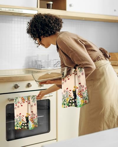 Image of Miss Adola 150GSM Flour Sack Kitchen Towels Set of 2, Flower Cats | 18 inchx26 inch, Lightweight, Lint-Free, Pure Cotton, Decorative, with Hanging Loop, Absorbent, Softer after Wash, Giftable Package
